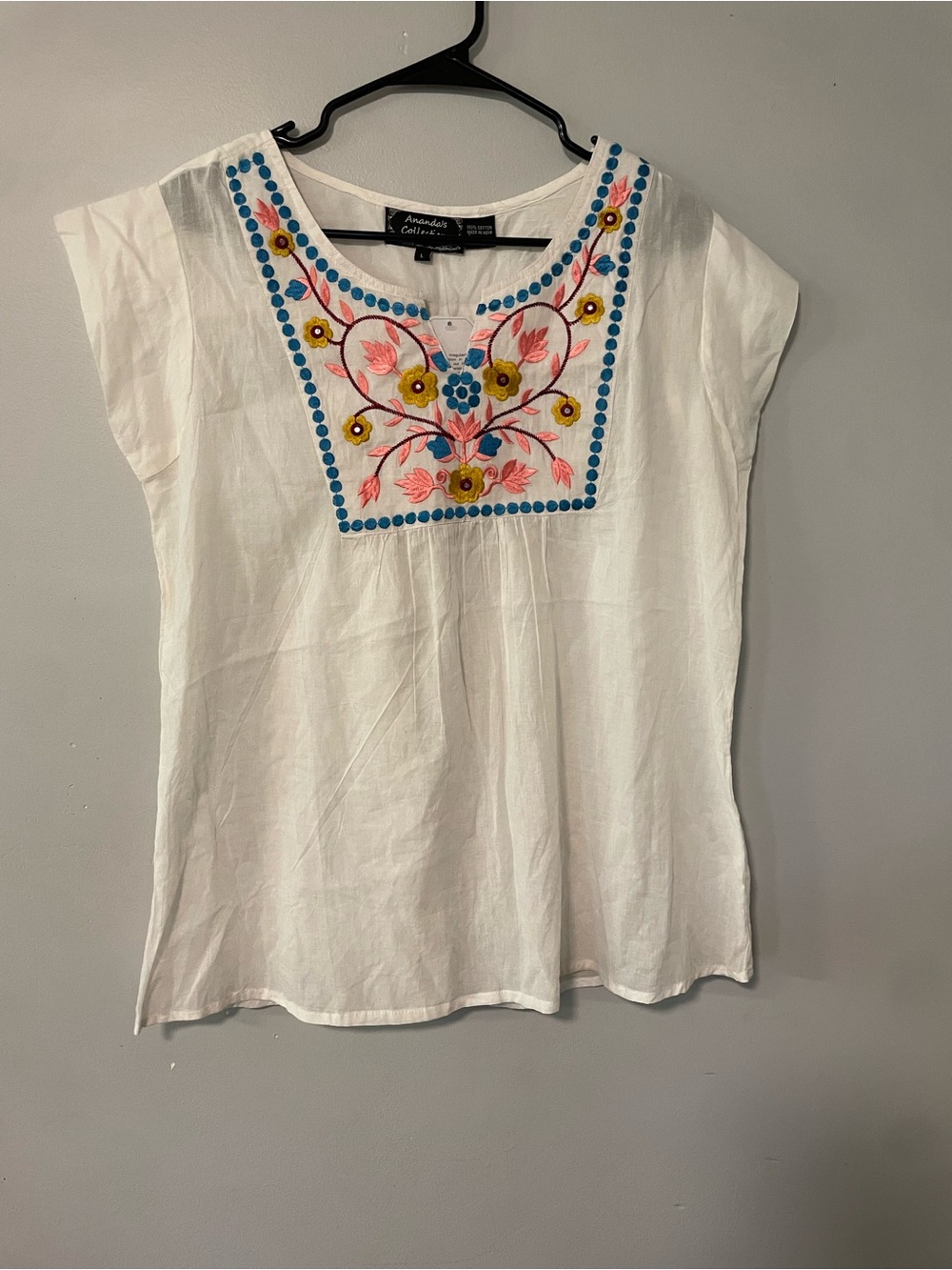 Embroidered White Tunic Top with Pink, Yellow & Blue Accents